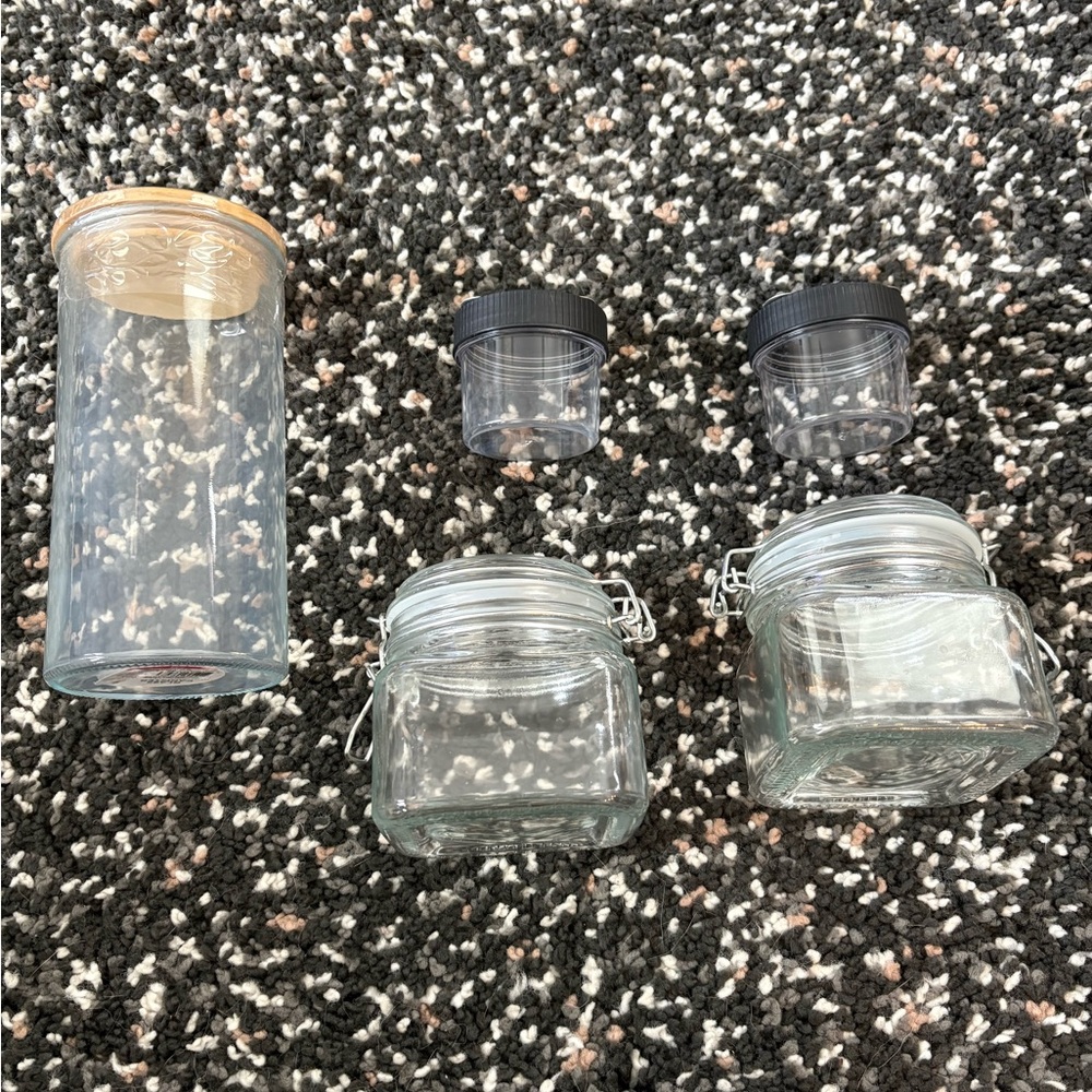 Set of Clear Glass and Plastic Jars
